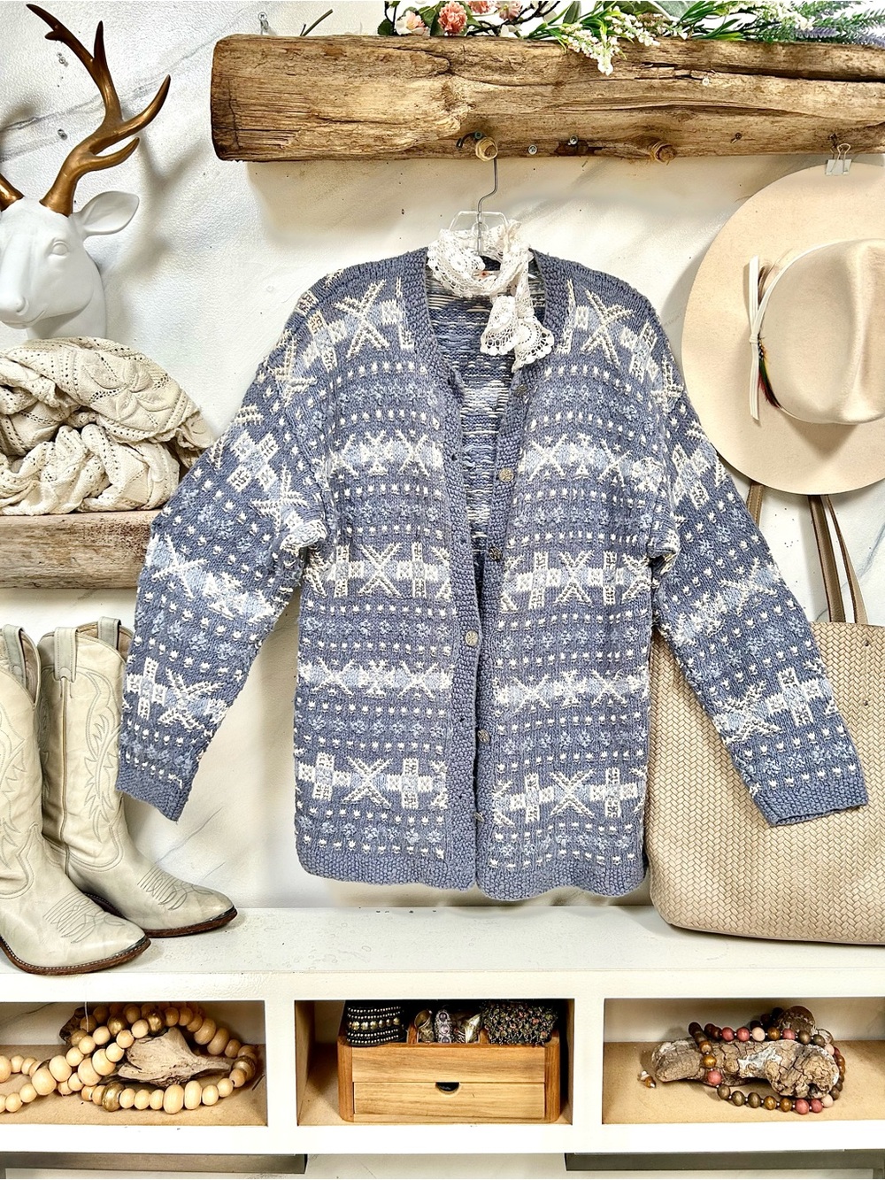 Cottagecore RAMIE Fair Isle boho cardigan w prairie Country farmhouse vibe